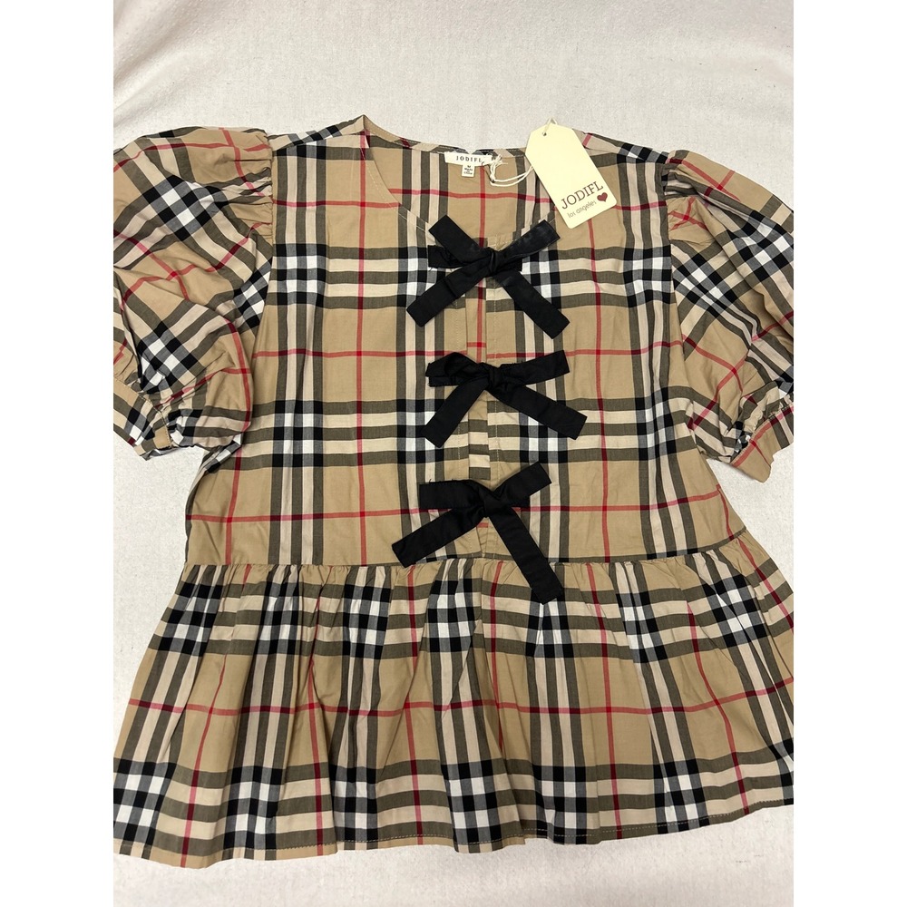 Jodifl Gabby Plaid Bow Women's Top Check Puff Sleeve Peplum Blouse M NWT